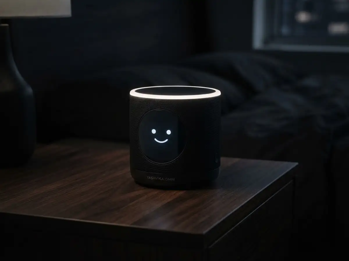 Yashvika Omni concept render: a small black device with a glowing white ring on top, on a bedside table